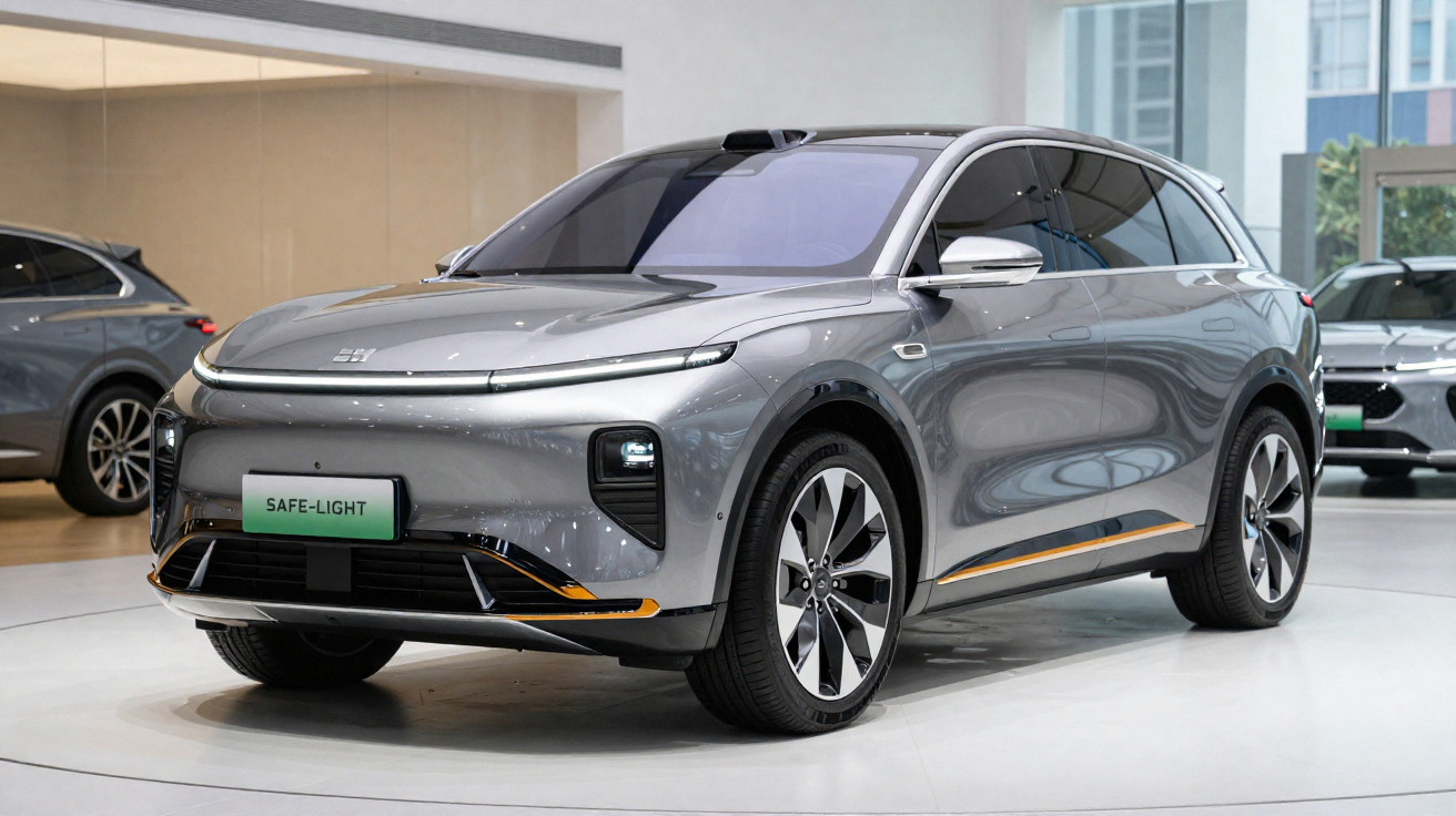 Silver modern electric SUV displayed indoors with tinted windows and aerodynamic design details