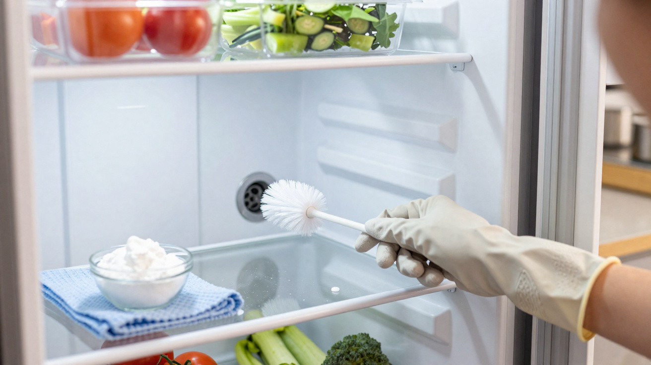 Hand in rubber glove cleaning inside of fridge with brush near vegetables and cleaning supplies.
