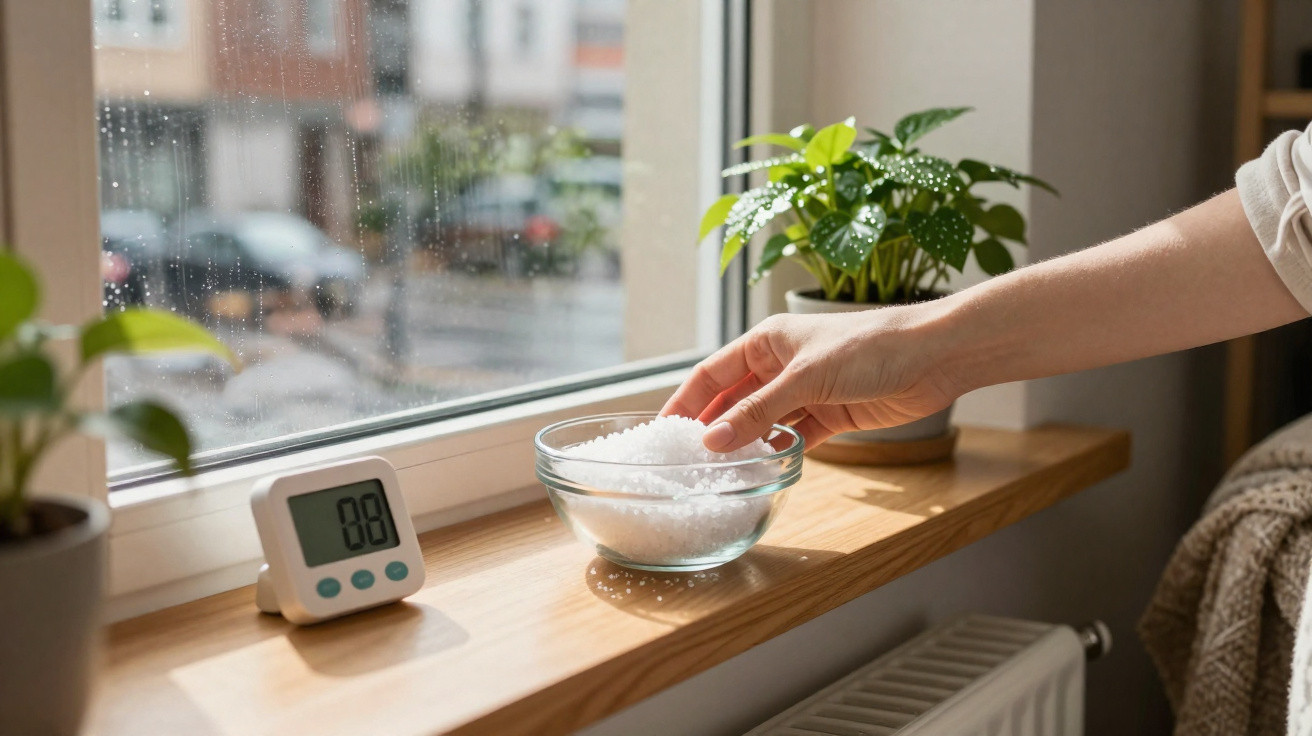 Hand placing salt crystals in a glass bowl on a wooden windowsill next to a plant and timer.