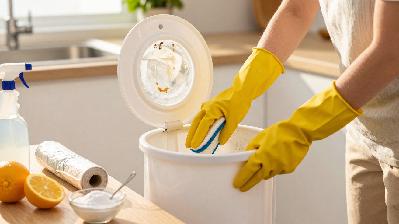 Person wearing yellow gloves cleaning a white trash bin in a bright kitchen.