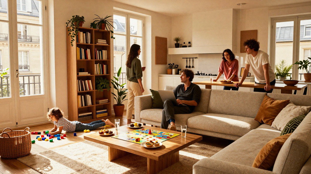 Family spending time in a sunlit living room with child playing and adults chatting around a coffee table game.