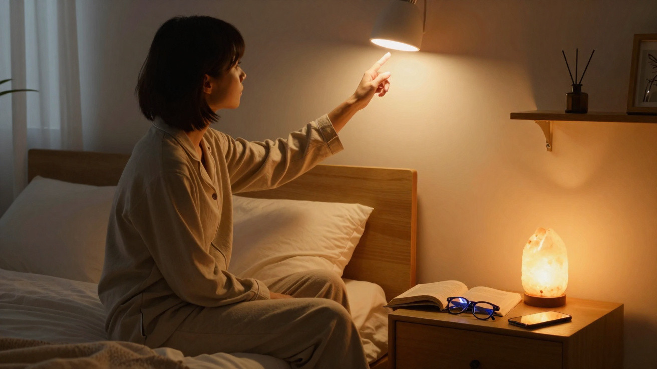 Person in beige pajamas sitting on a bed, turning on a wall lamp in a dimly lit bedroom at night.