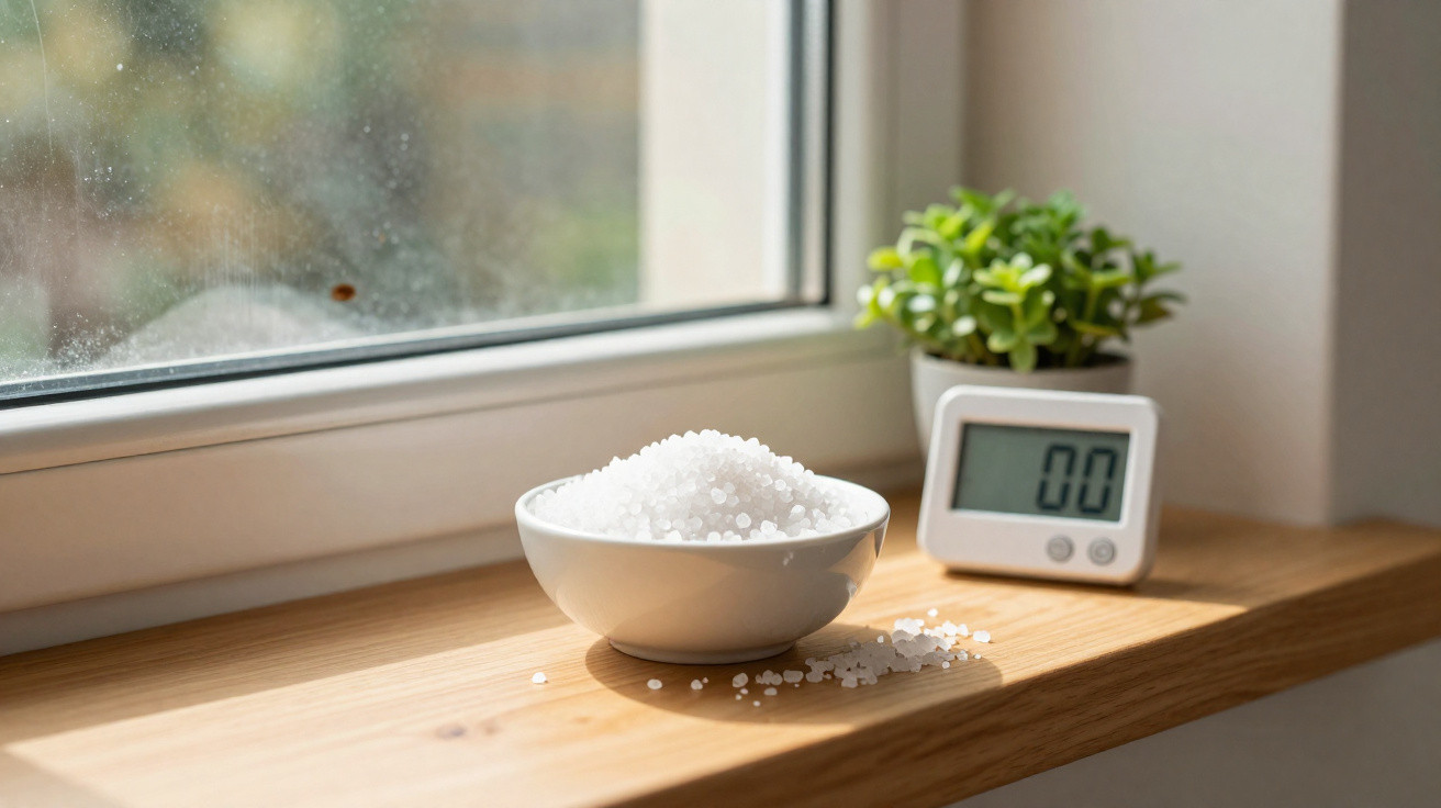 White ceramic bowl filled with small white pellets on a wooden windowsill next to a digital timer and plant.