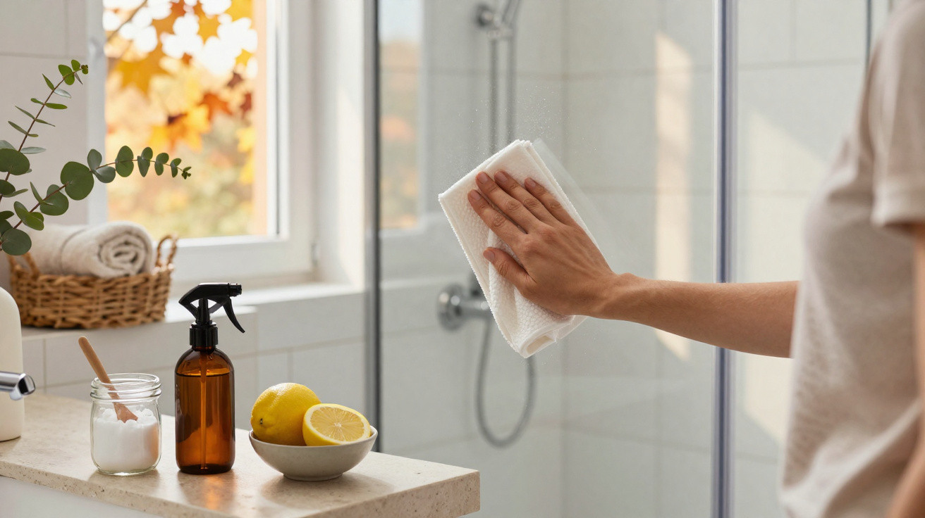 Person cleaning a glass shower door with a cloth in a bathroom with lemons and cleaning supplies on the counter.