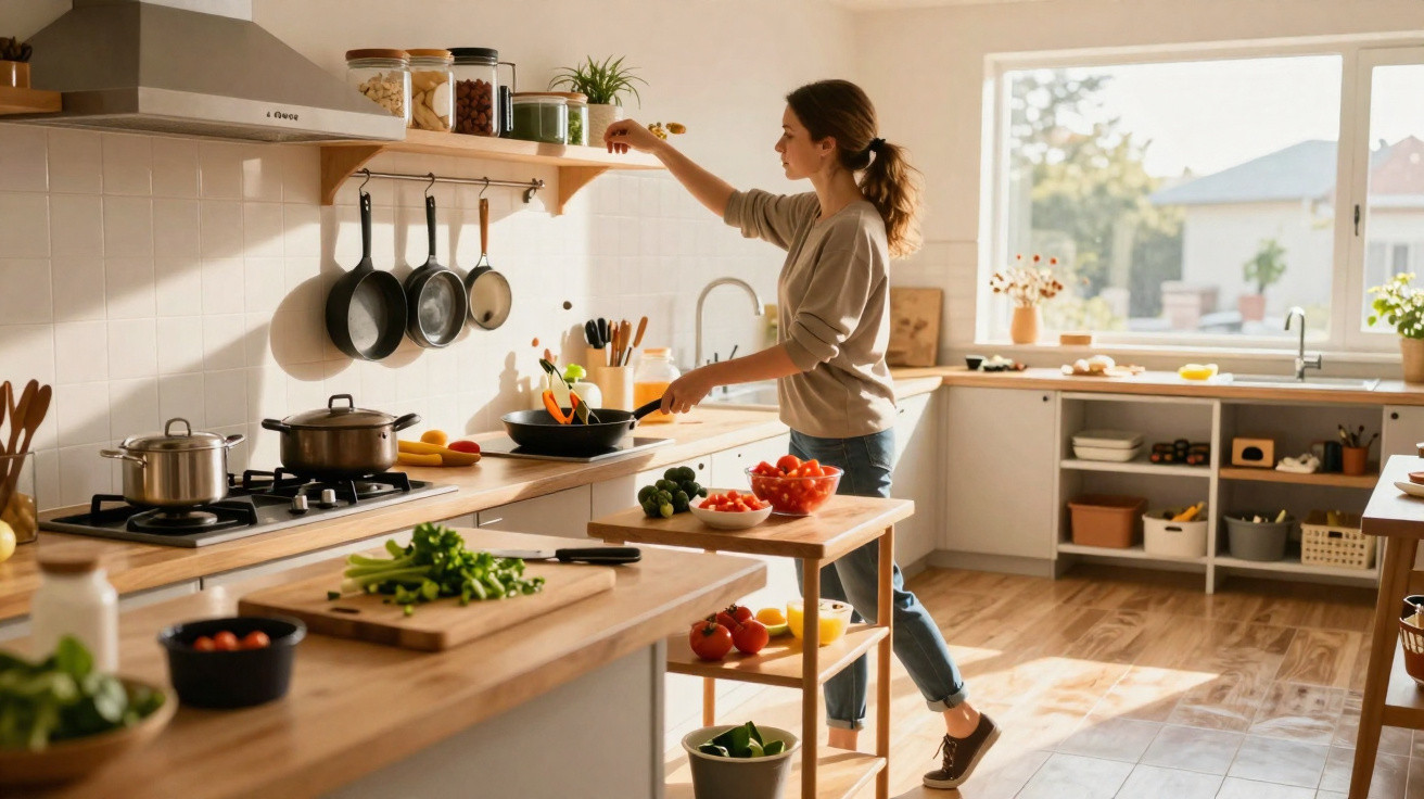 Woman cooking in a bright modern kitchen surrounded by fresh vegetables and cookware on wooden countertops.