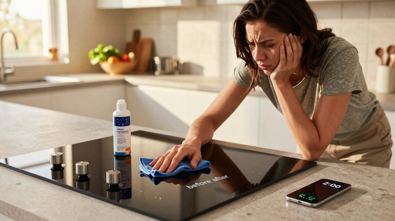 Woman cleaning glass stovetop with cloth and cleaning spray in modern kitchen, looking concerned.