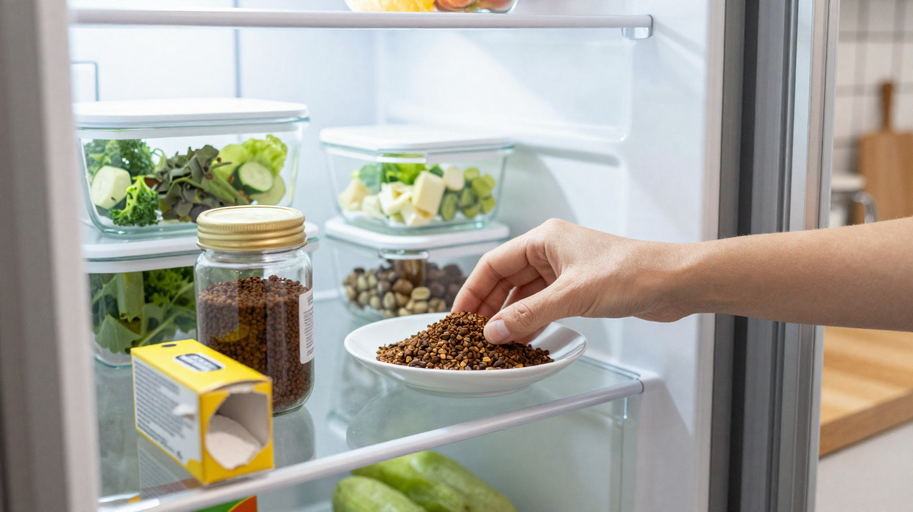 Hand placing a white plate with dried herbs inside a fridge containing fresh vegetables and food containers.