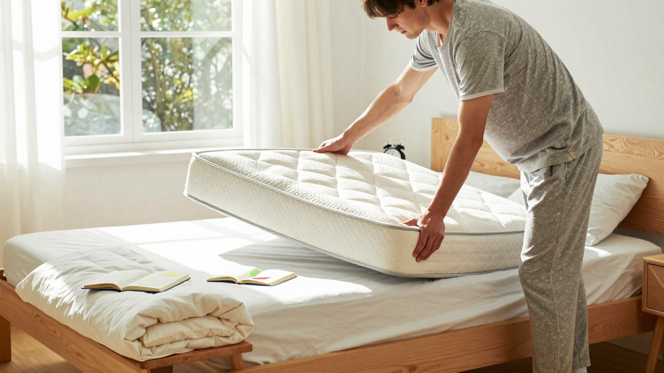 Person in grey pyjamas lifting a mattress on a bed in a bright, sunlit bedroom.