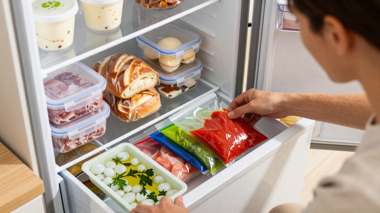 Person organising vacuum-sealed bags of red, green, and blue food items in a fridge drawer with bread and eggs above.