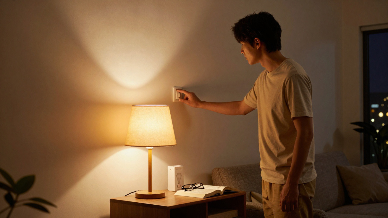Man in beige clothes switching off a lamp on a wooden side table in a dimly lit living room at night.