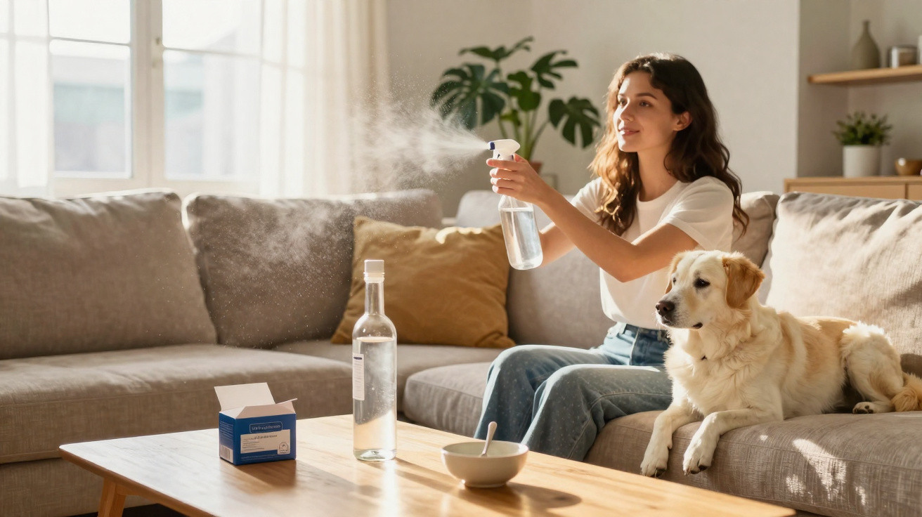 Woman spraying air freshener on sofa near a golden retriever dog in a bright living room.