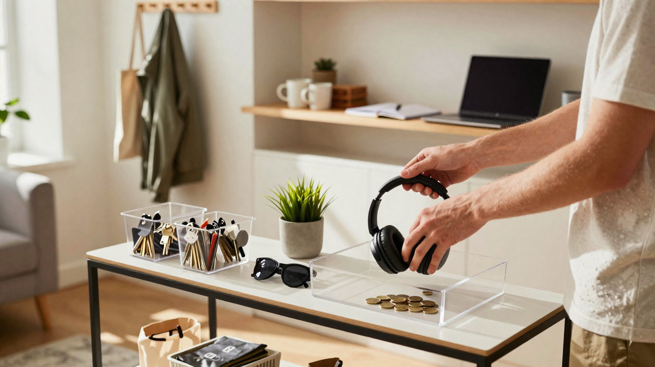 Person organising black headphones on a table with sunglasses, coins, keys, and a potted plant in a modern living space.