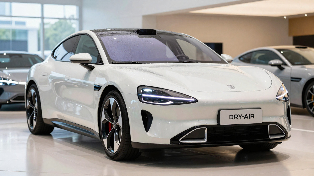 White electric sedan with sleek design and black alloy wheels displayed indoors under soft lighting