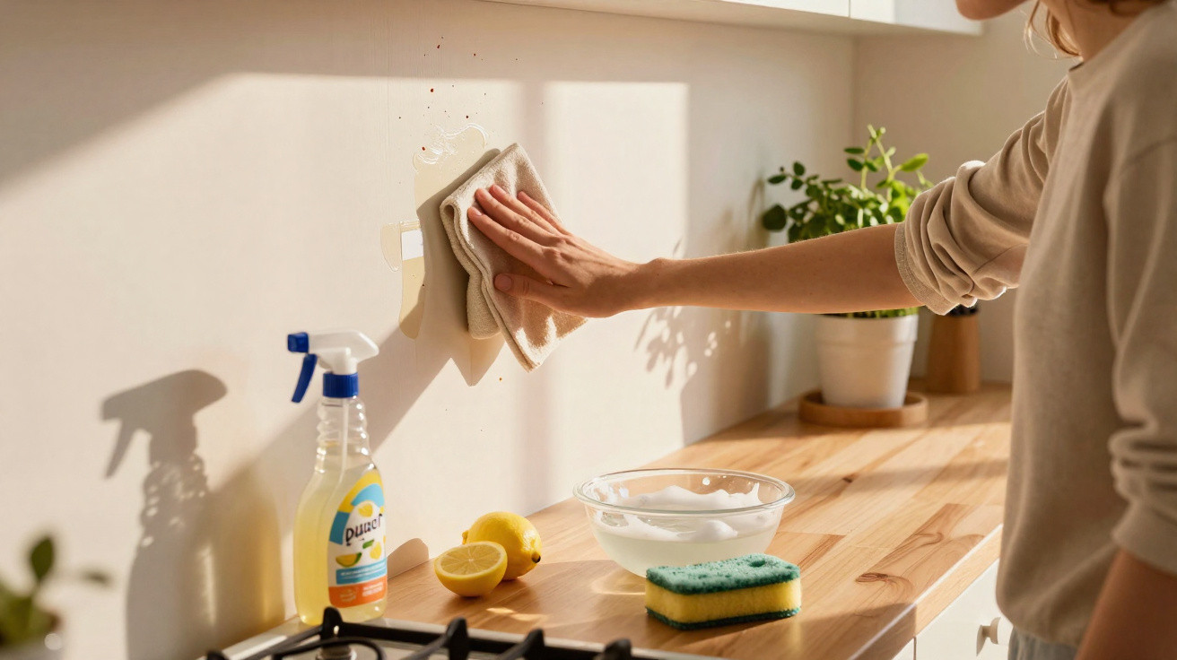 Person cleaning kitchen wall with sponge near lemons, spray bottle, and plant on wooden countertop in daylight