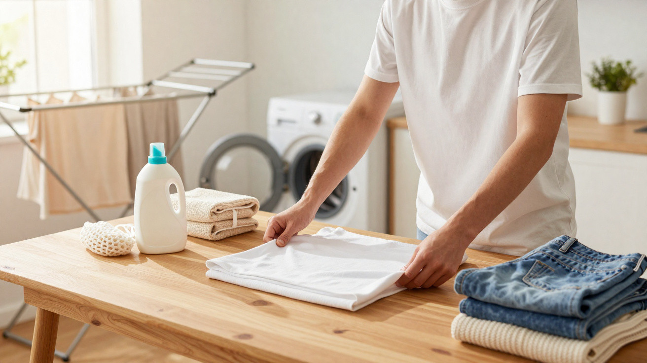 Person folding a white t-shirt on a wooden table with laundry detergent and folded clothes nearby.