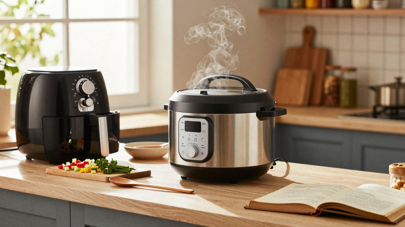 Steam rising from a stainless steel electric cooker on a kitchen counter next to an air fryer and chopping board.