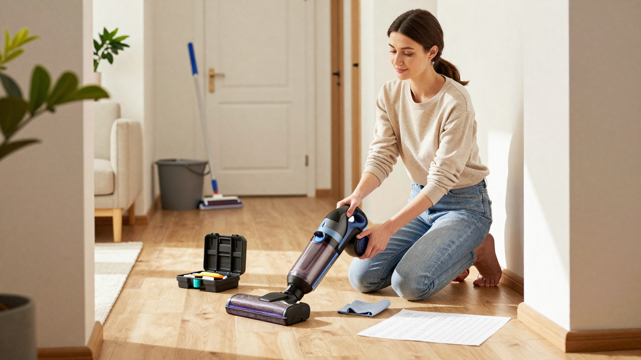 Woman kneeling on wooden floor using a cordless vacuum cleaner to clean the house hallway.