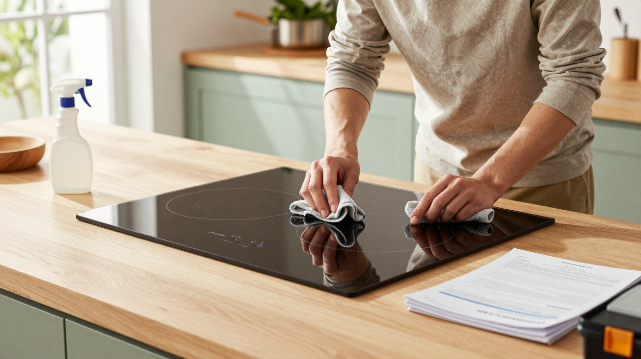 Person cleaning a black glass stovetop with a cloth on a wooden kitchen island with papers nearby.