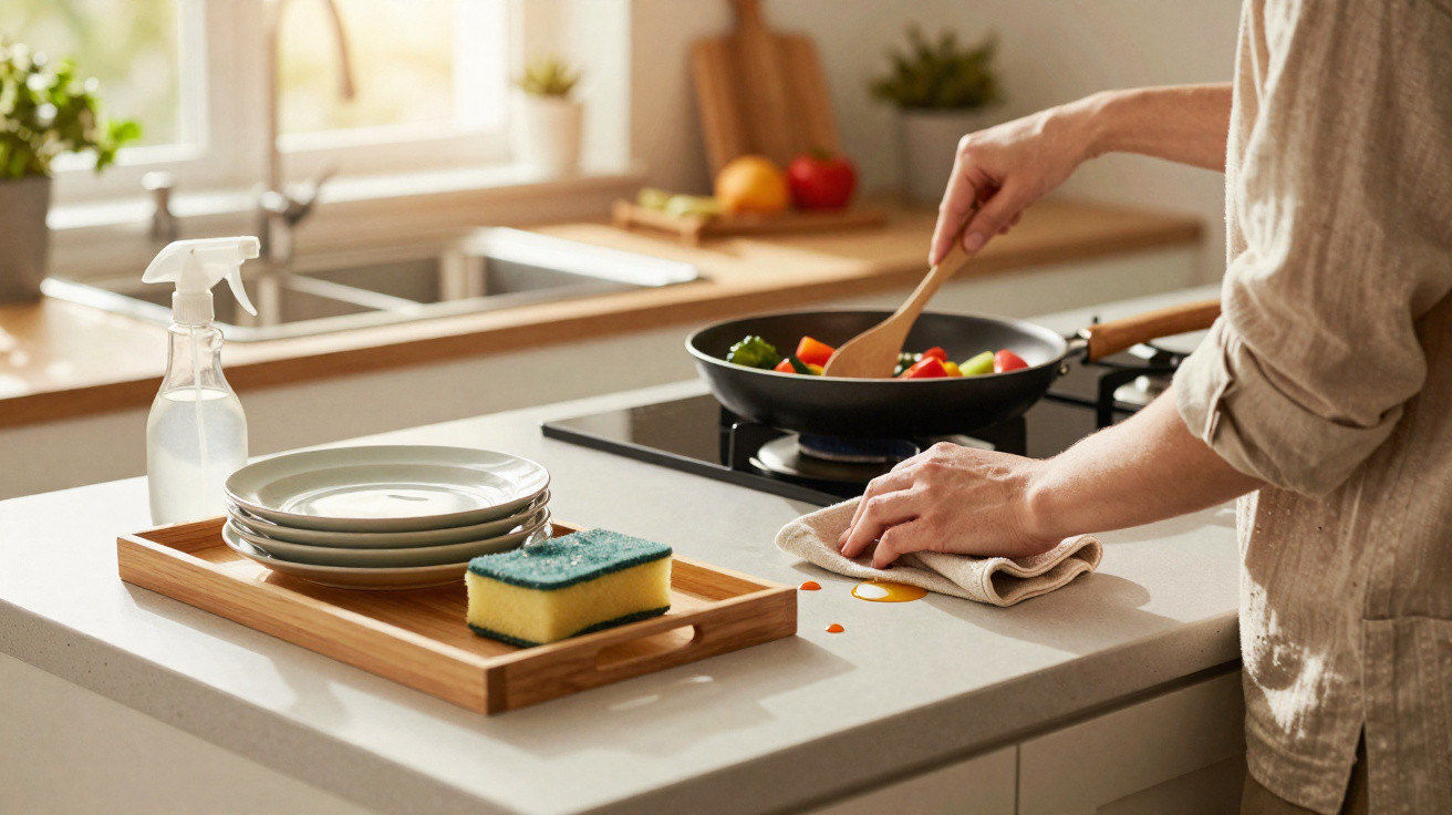 Person cooking vegetables on stove while wiping kitchen counter with cloth, sponge and plates on tray nearby.
