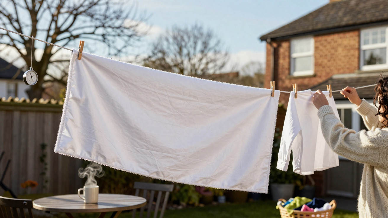 Person hanging white laundry on a clothesline in a sunny garden with a steaming cup on a table nearby.