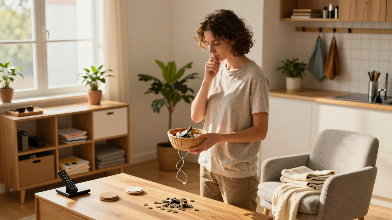 Young woman standing in a sunlit room holding a basket and looking thoughtfully at objects on a wooden table.