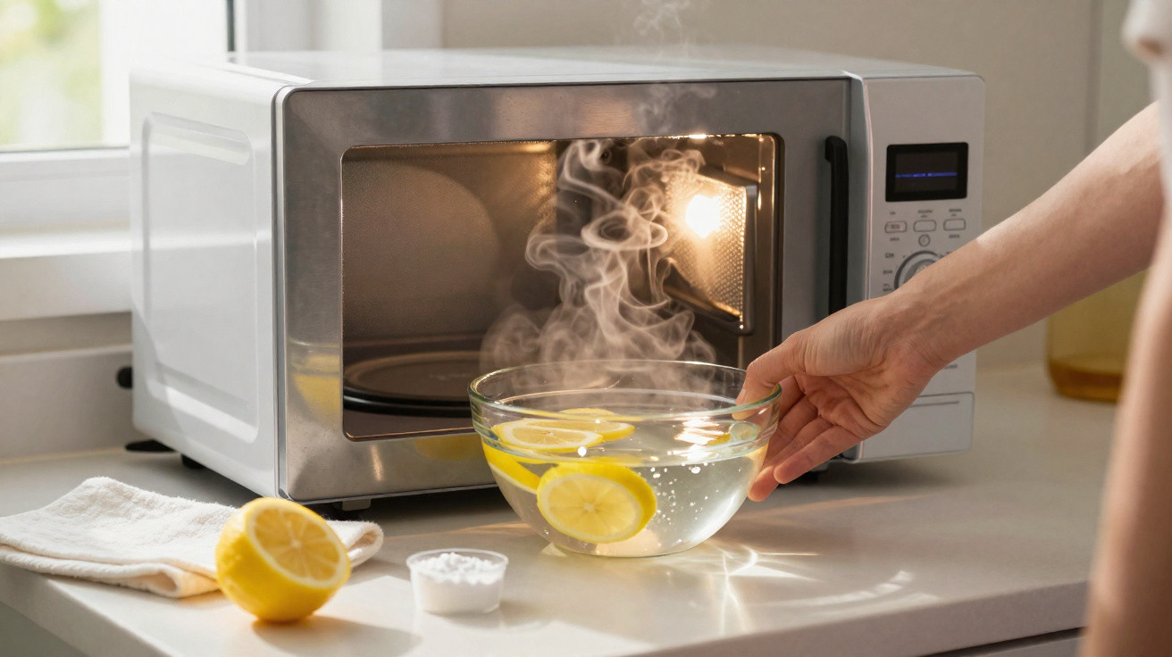 Hand holding a steaming glass bowl with lemon slices in front of a microwave on kitchen counter.