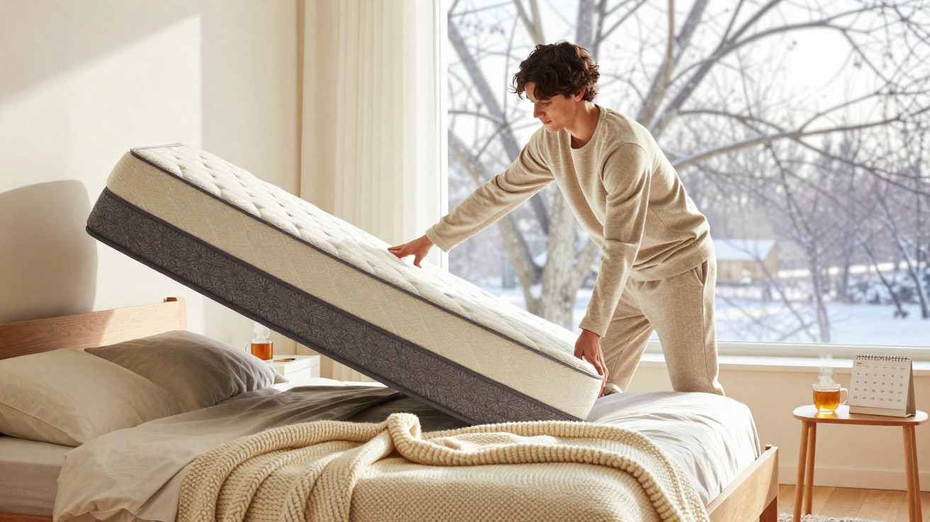 Young man lifting and flipping a mattress on a bed in a bright bedroom with a snowy outside view.