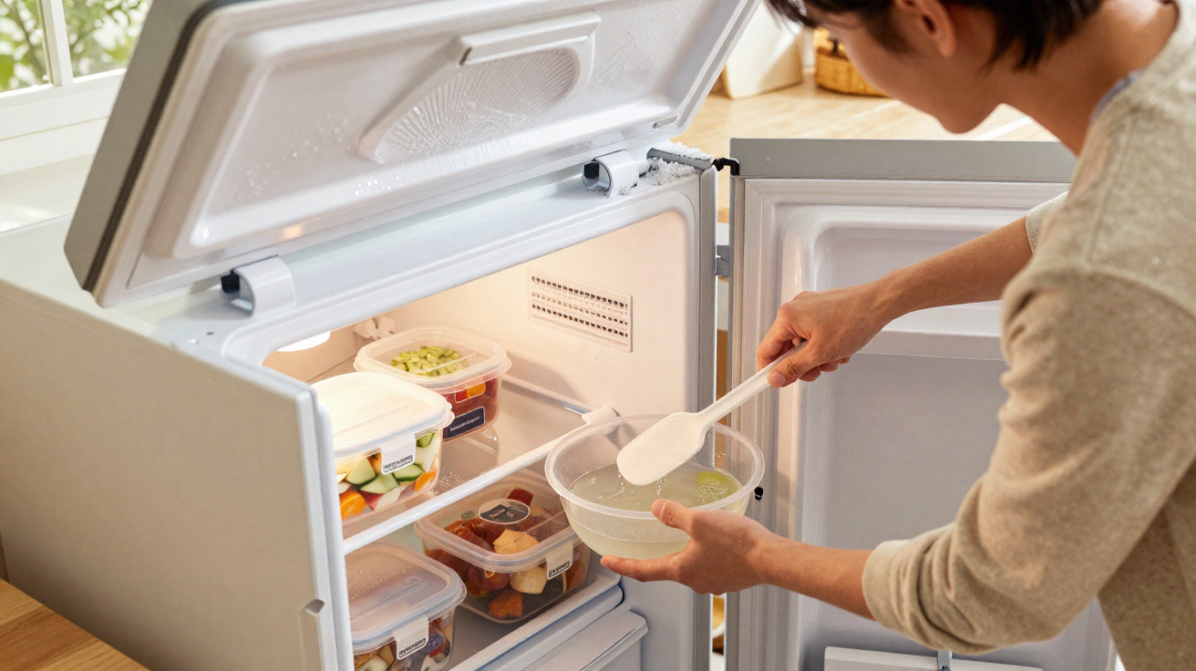 Person stirring a bowl inside an open refrigerator filled with food containers in a kitchen.