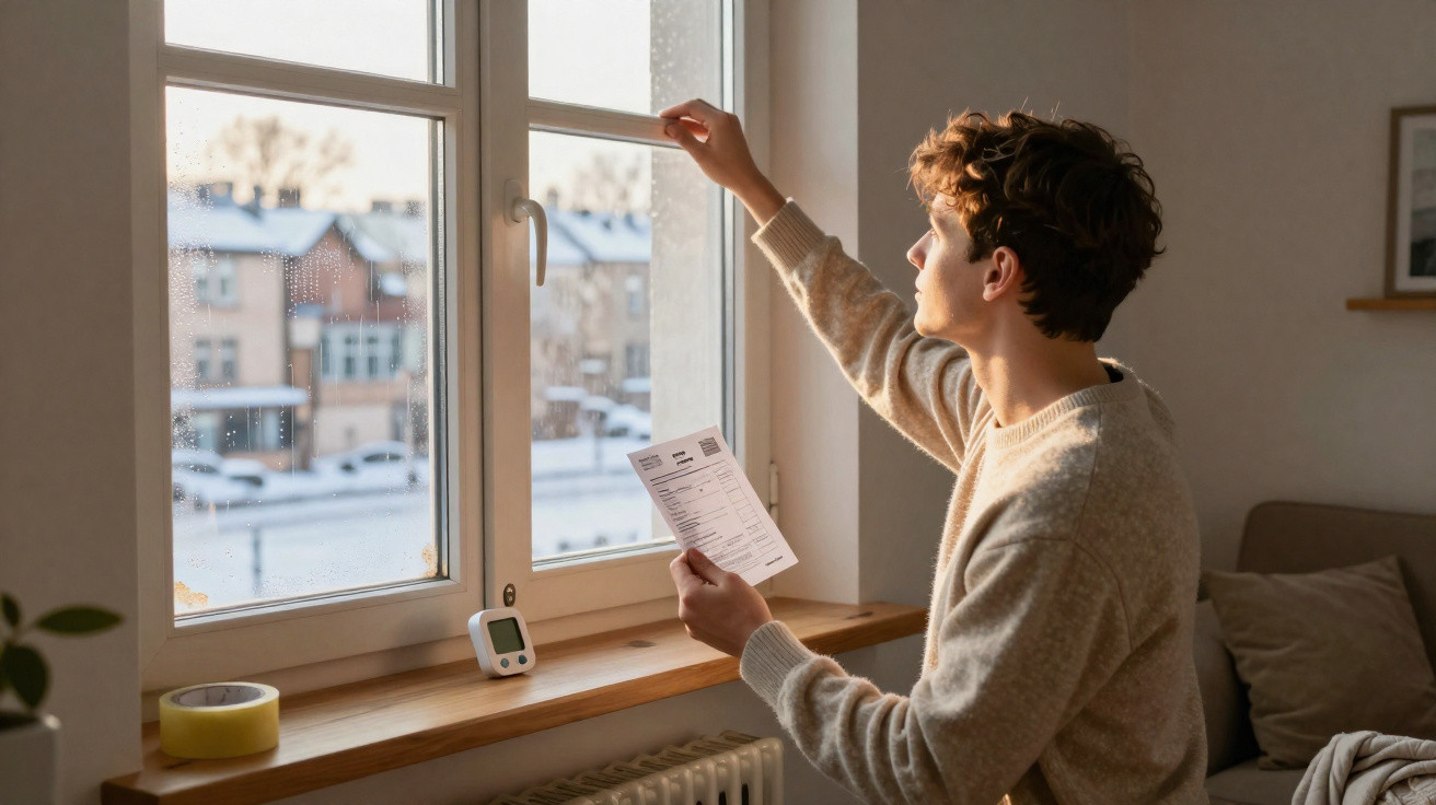 Young man in cosy sweater opening a window while holding a paper bill in a warm indoor setting.