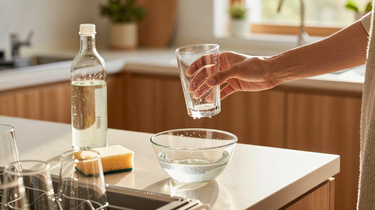 Hand holding a wet glass above a bowl on a kitchen counter with a sponge and bottle in the background.