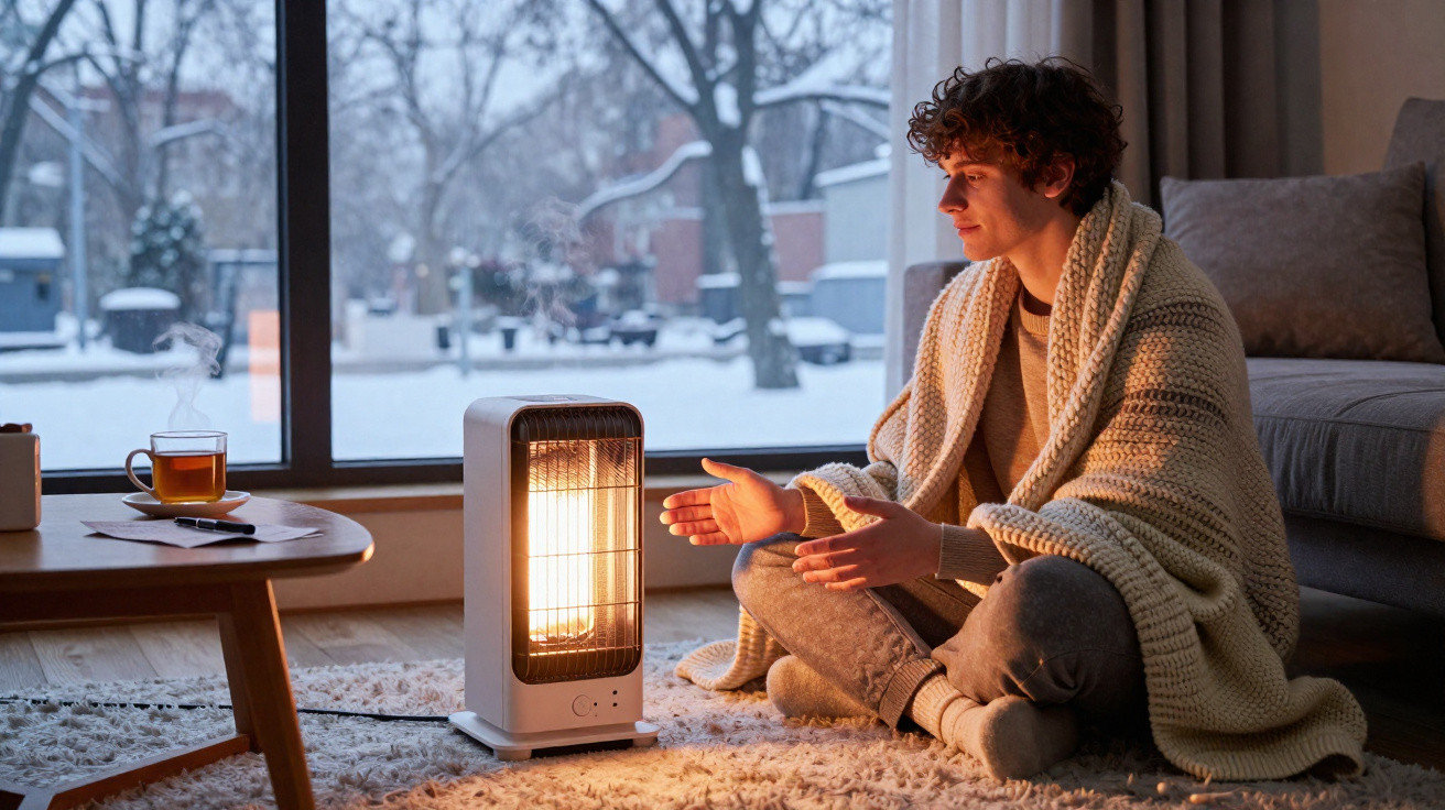Person wrapped in a blanket warming hands by a heater inside a cosy room on a snowy day outside.