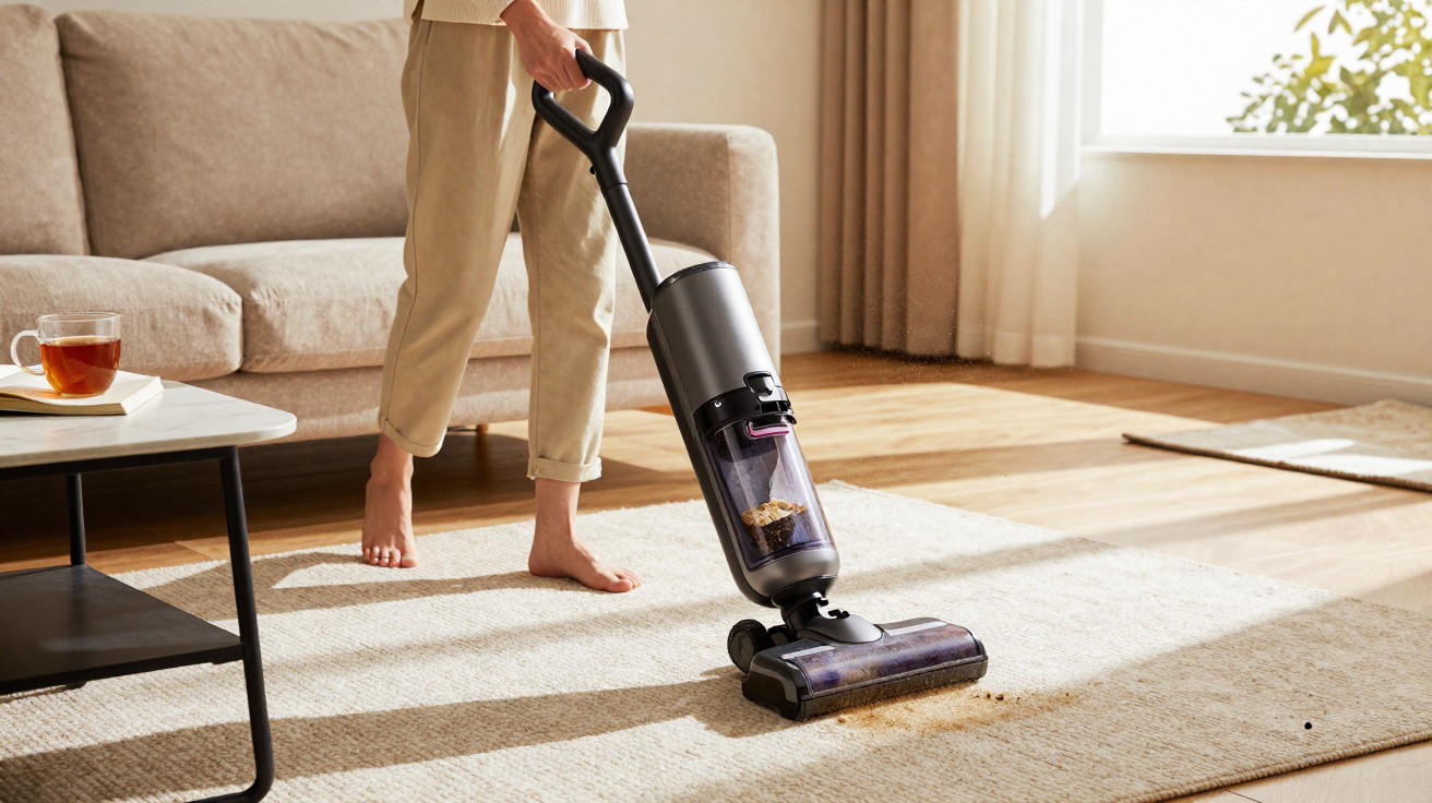 Person vacuuming a beige carpet in a sunlit living room with a modern upright vacuum cleaner.
