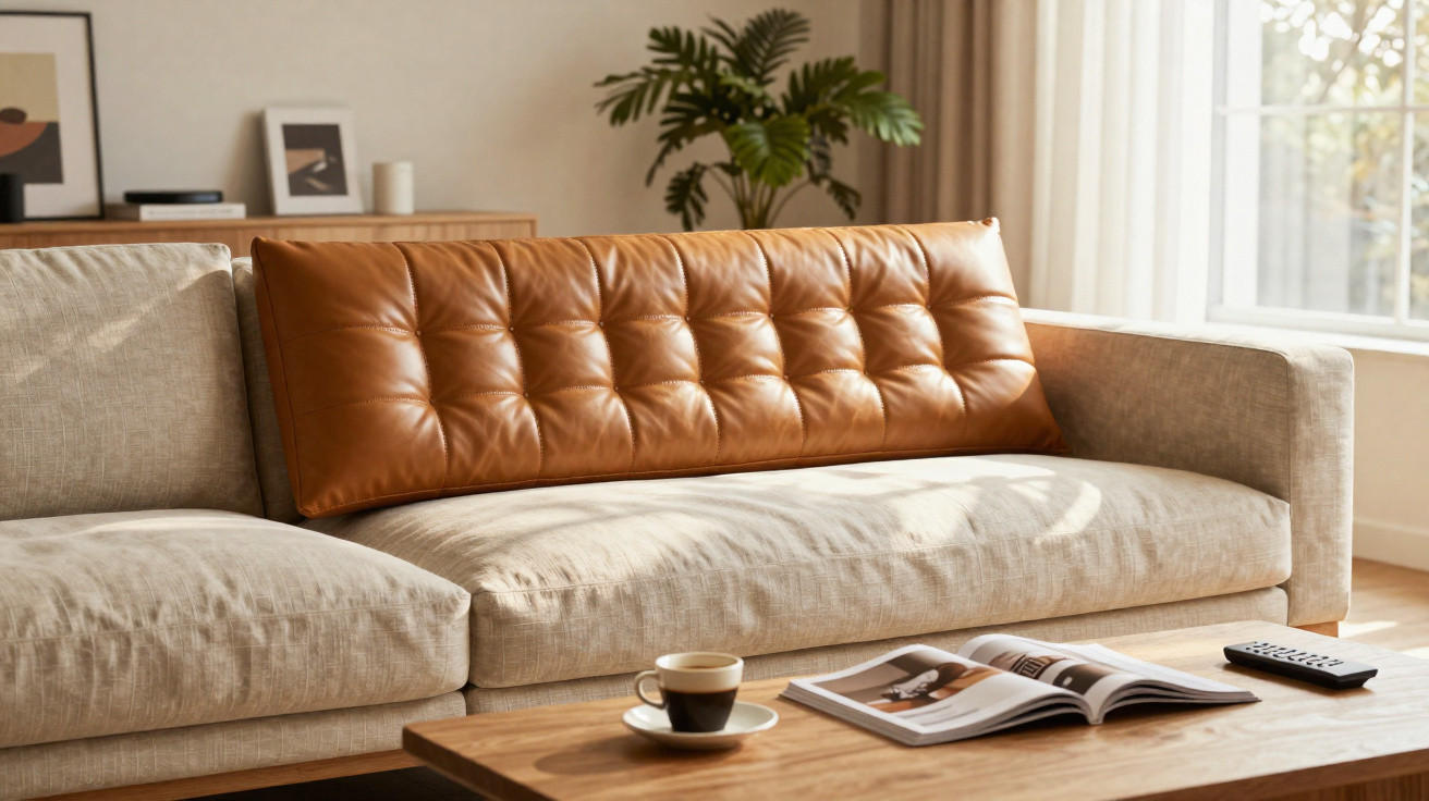 Beige fabric sofa with a brown leather backrest cushion, a wooden coffee table with a coffee cup, magazine, and remote.