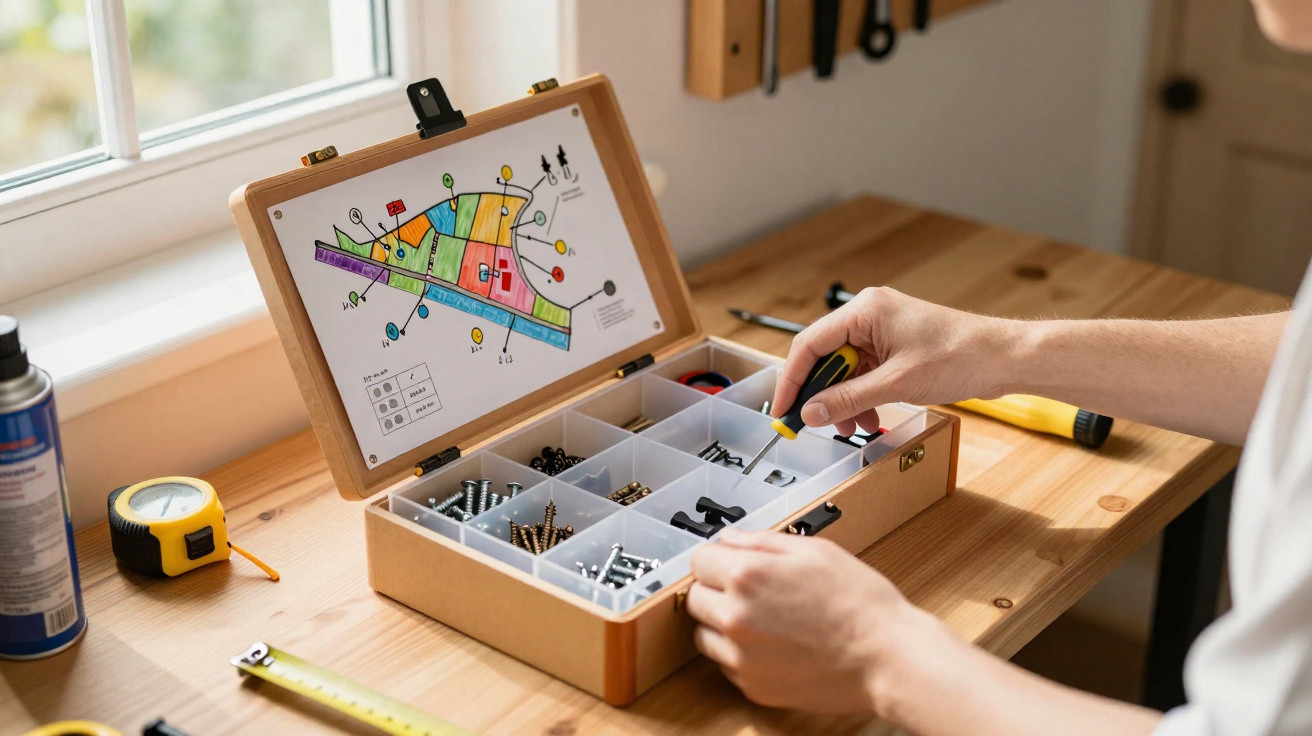 Person sorting screws and fasteners in a wooden organiser box with a colourful map on the lid.