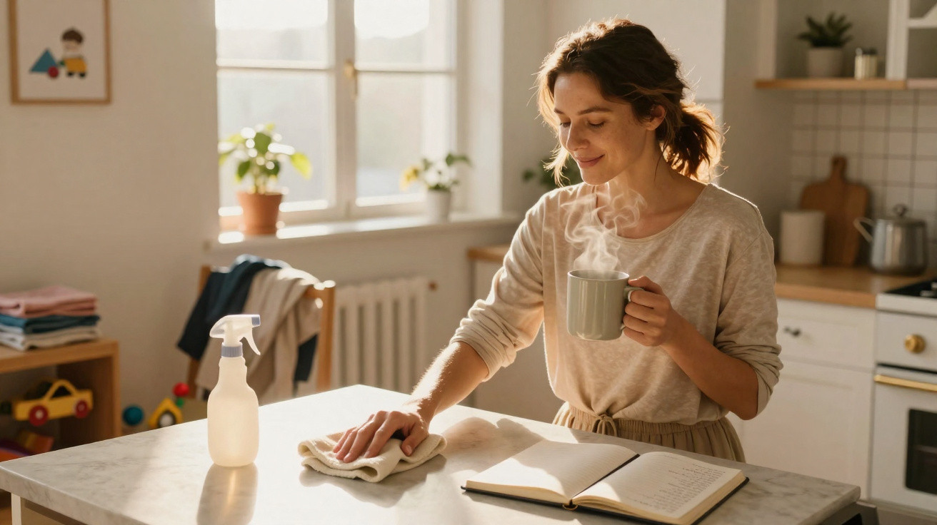 Woman smiling while cleaning a kitchen counter, holding a steaming mug and an open book nearby.