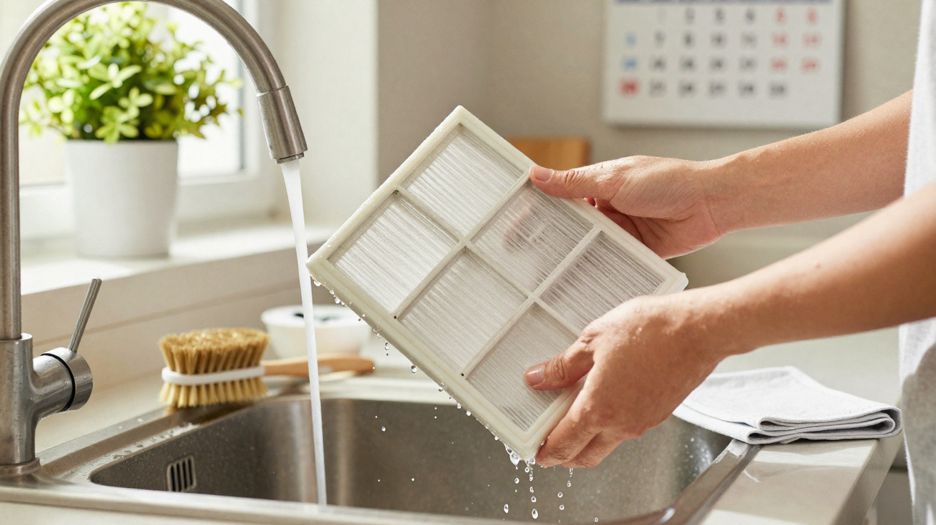 Person cleaning a white air filter under running water in a kitchen sink.