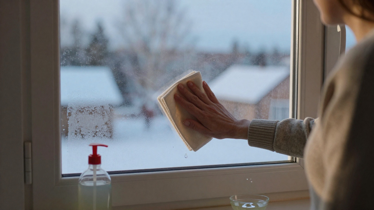 Person cleaning a dew-covered window with a cloth, winter scene visible outside snow-covered houses.