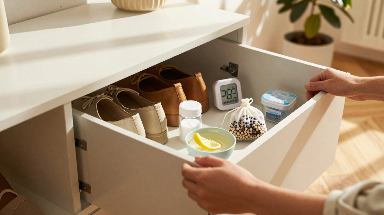 Person opening drawer with shoes, a humidity meter, desiccants, and a bowl with a lemon slice inside.