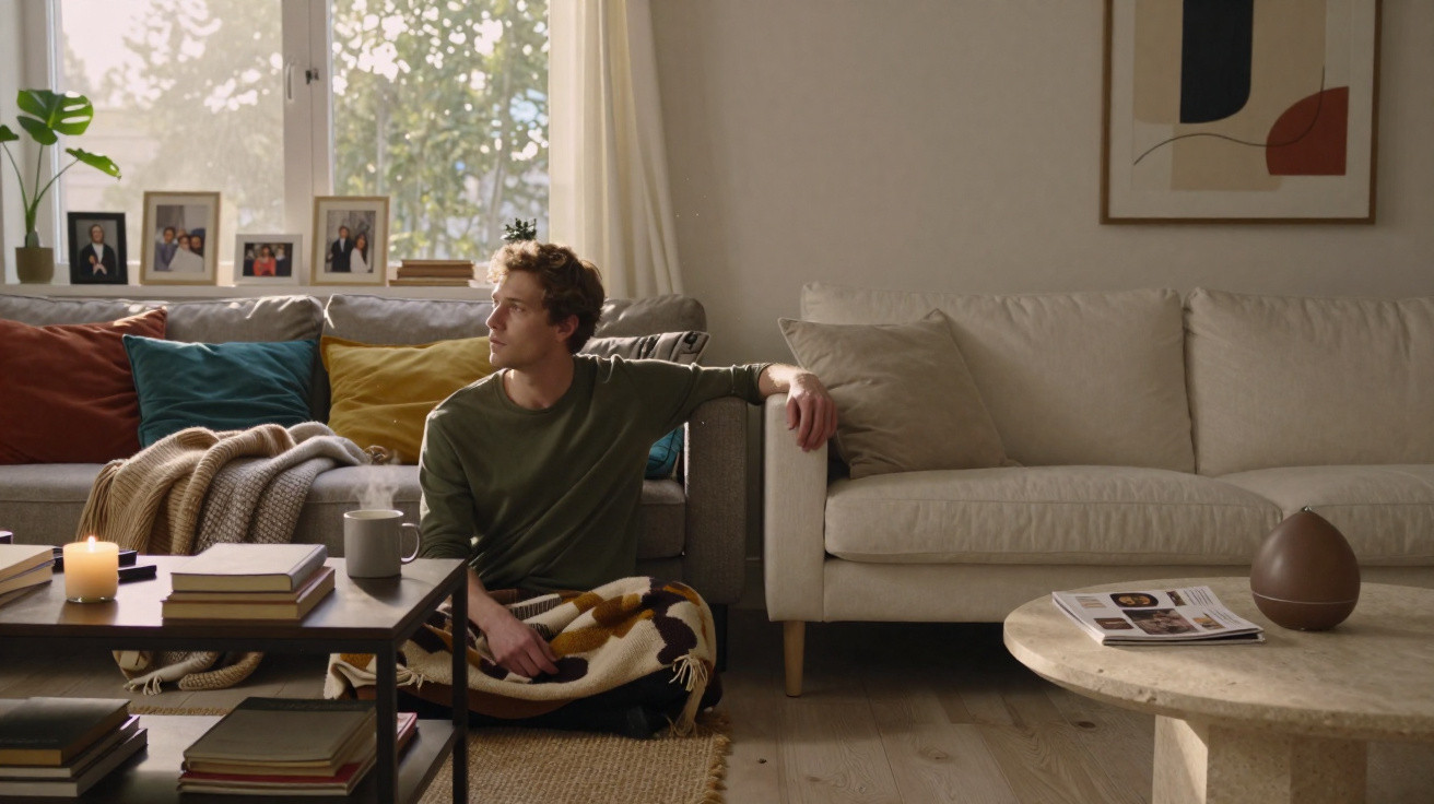 Young man sitting on the floor by a sofa, looking out a window in a cosy, sunlit living room.