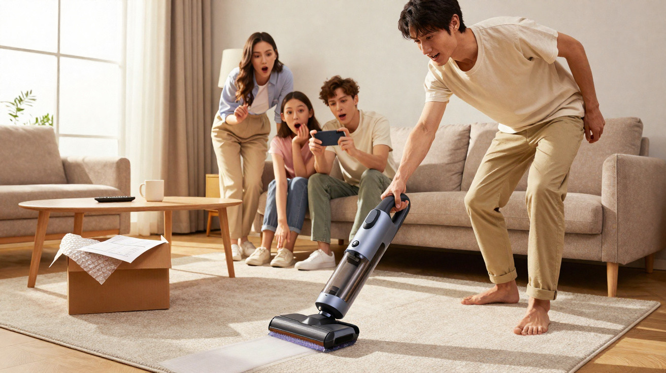 Young man vacuuming carpet while three surprised friends watch in a bright, modern living room.