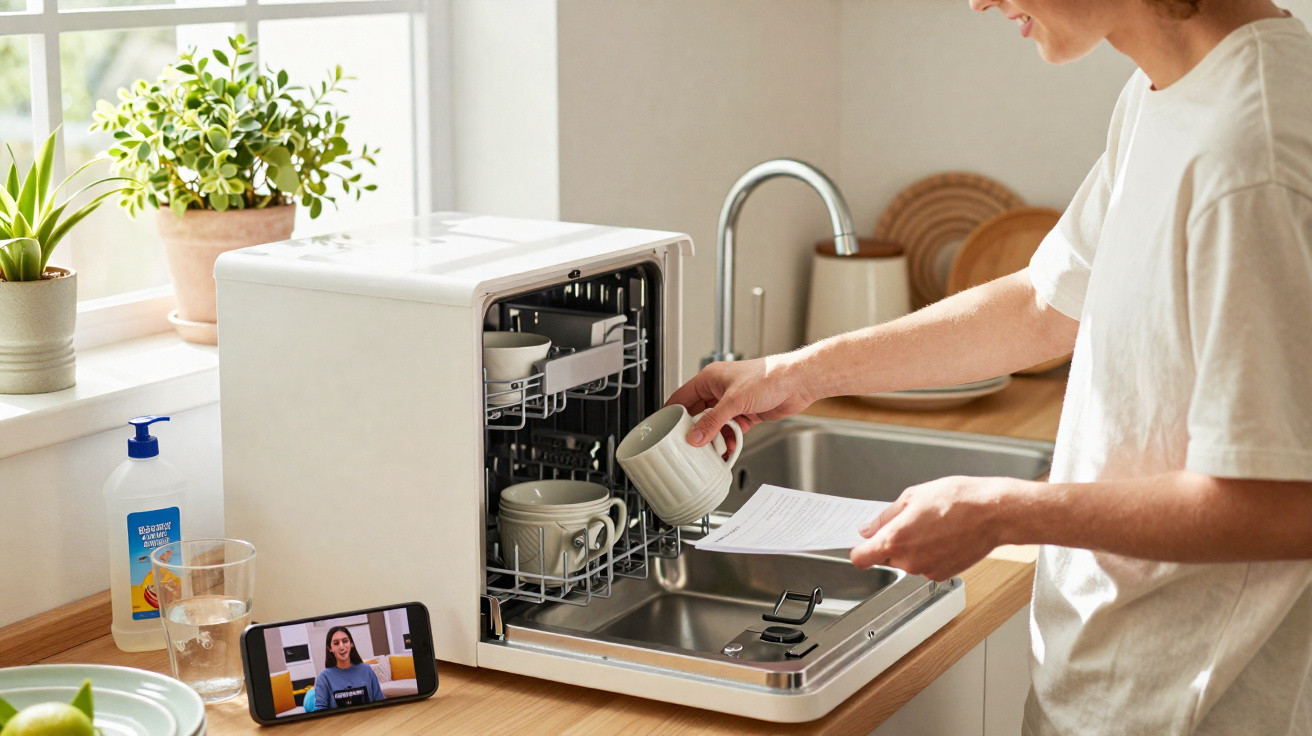 Person loading mugs into a compact countertop dishwasher in a bright kitchen near a smartphone and plants.