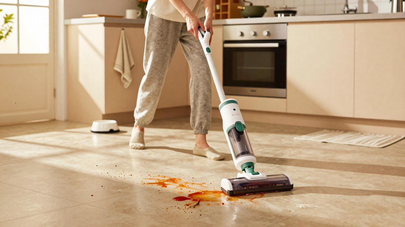 Person using a cordless vacuum cleaner to clean red and orange liquid spills on a kitchen floor.
