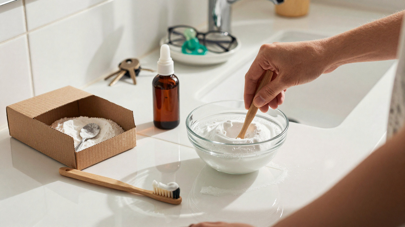 Person mixing homemade toothpaste in a glass bowl with a wooden spatula on a kitchen countertop.