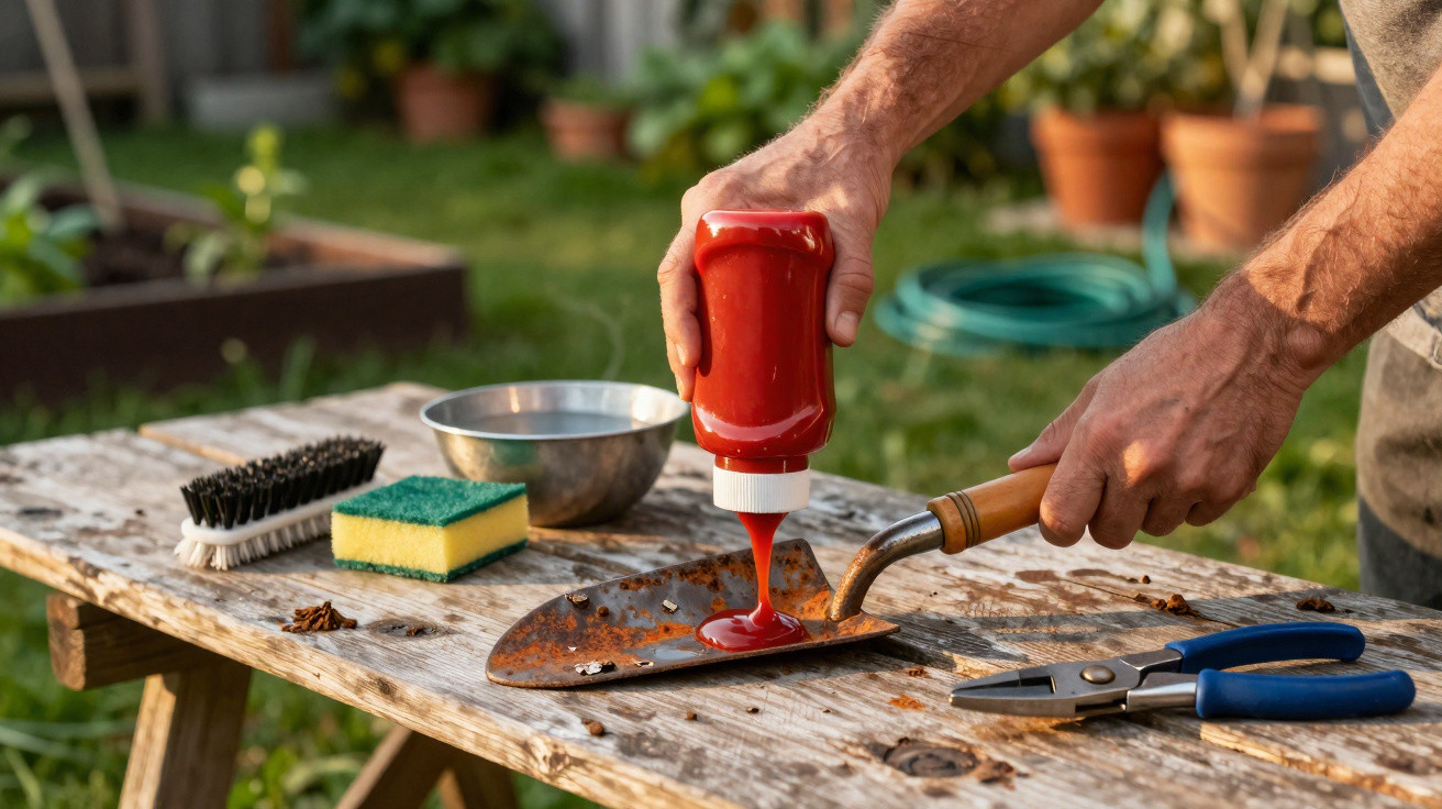 Person pouring red liquid from a bottle onto a rusty garden trowel on a wooden table outdoors.