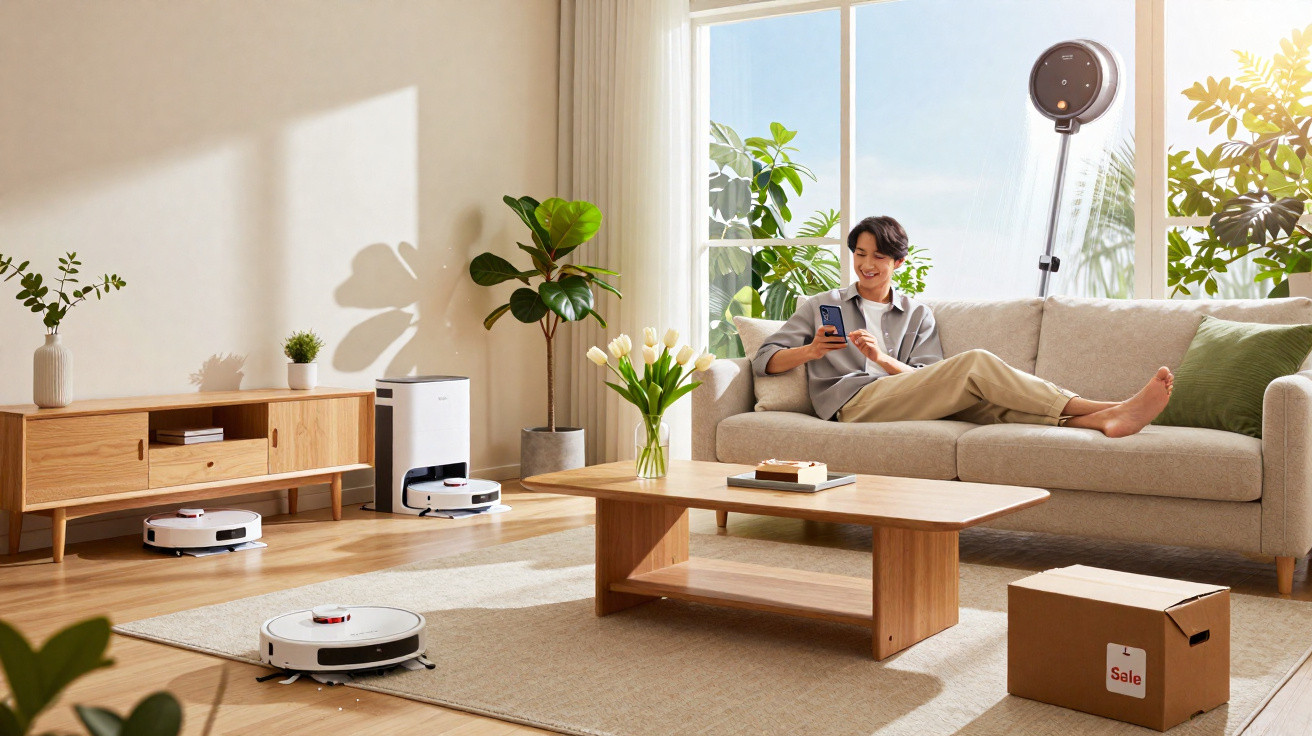 Modern living room with a man relaxing on sofa and three robotic vacuum cleaners operating on wooden floor.