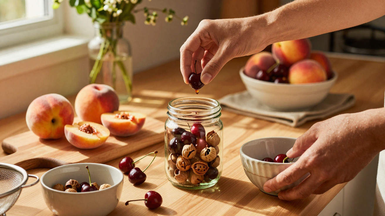 Hands placing cherries into a jar of nuts on a wooden kitchen table with peaches and bowls nearby.