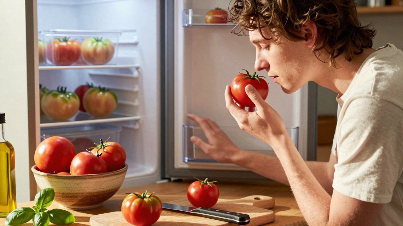 Young man smelling a fresh tomato in a kitchen with tomatoes in a bowl and fridge.
