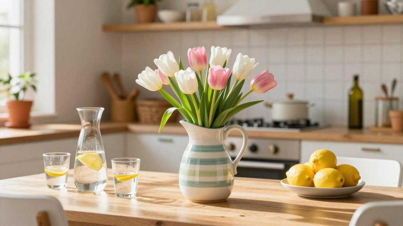 Pink and white tulips in a striped jug on a wooden kitchen table with lemons and lemon water glasses.