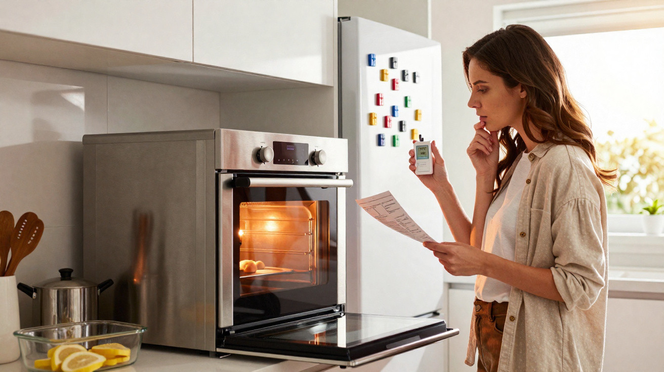 Woman checking oven temperature with a thermometer while reading instructions in a modern kitchen