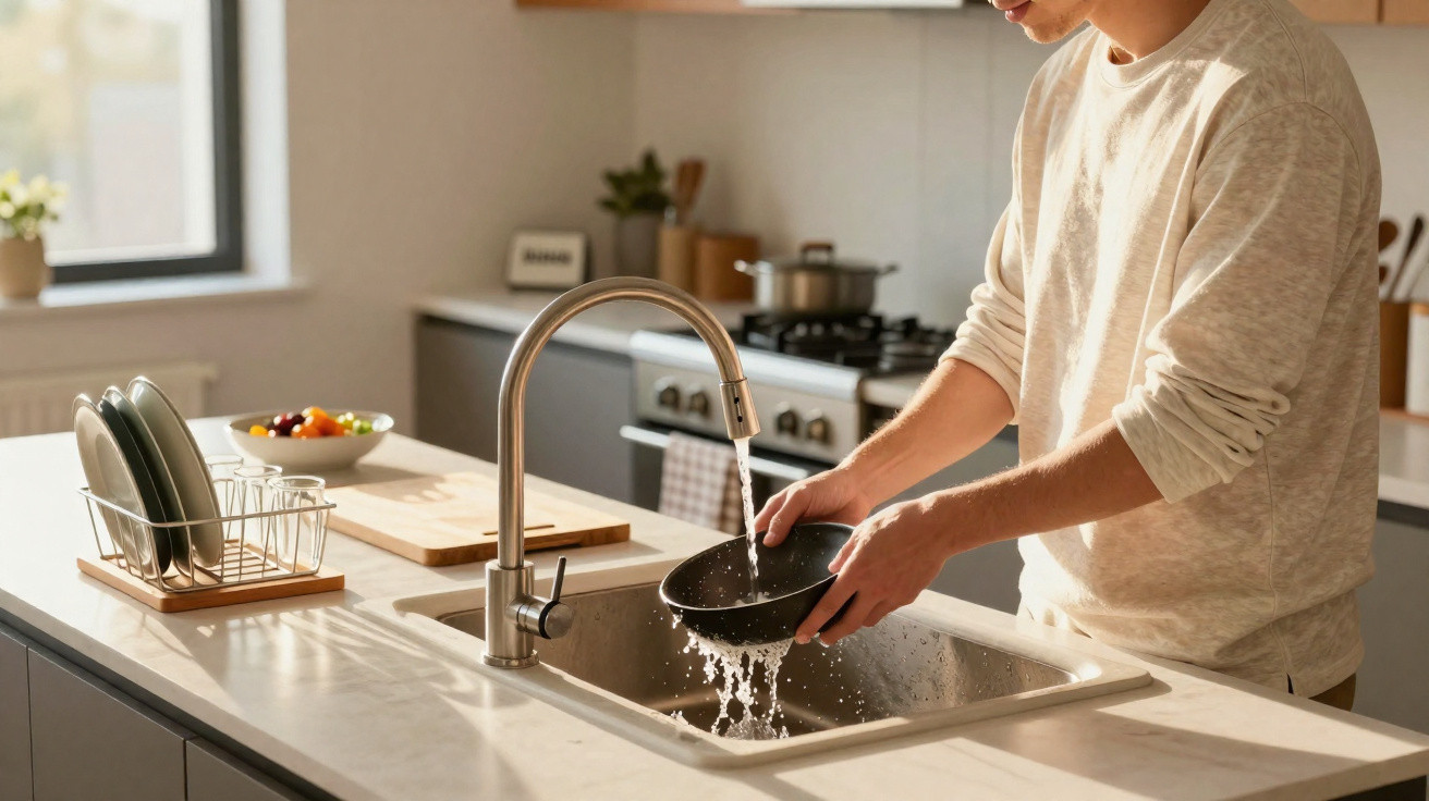 Person rinsing a black bowl under running water in a modern kitchen sink with dishes drying rack nearby.